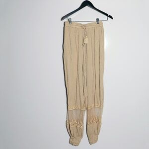 Asos Design Crinkle Sheer Lace Panel Ankle Pants Trousers In Stone 6